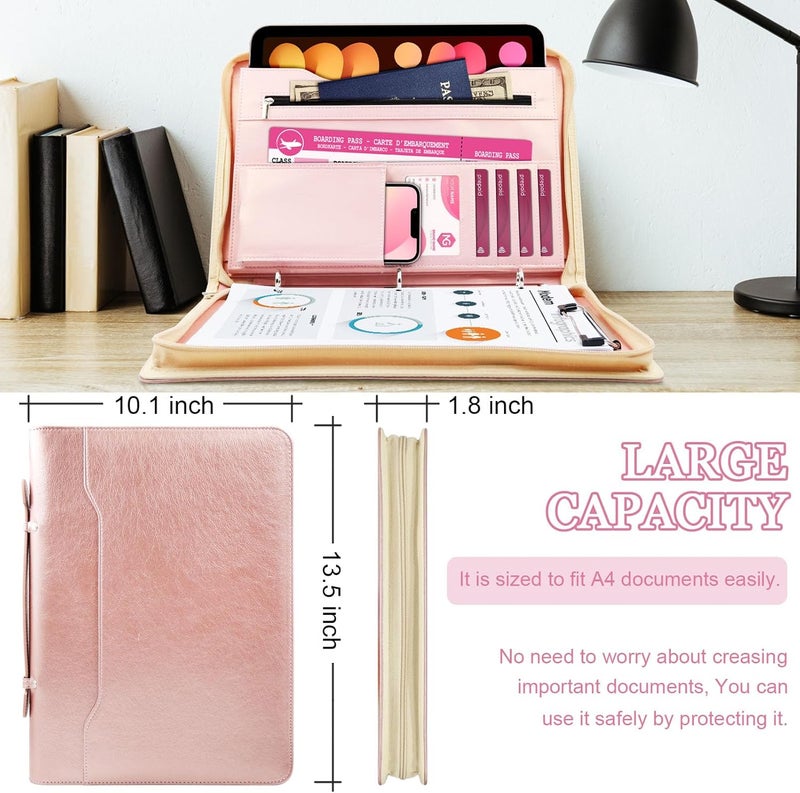 IYGHV Faux Leather Portfolio Binder with Handle & Clipboard, Zippered Padfolio Folder Organizer 3 Ring Binder for Document, Business Card Holder, Professional Portfolio Notebook for Men & Women (Rose Gold) - Image 4
